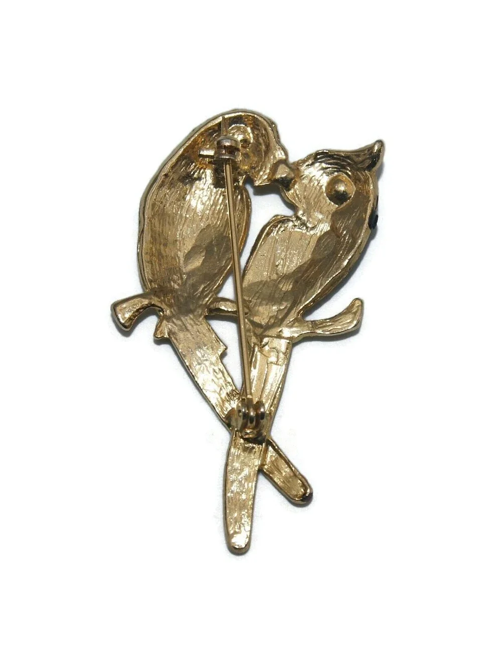 Vintage Gold Tone Love Birds Brooch, Clear Rhinestones and Black & White Enamel.
